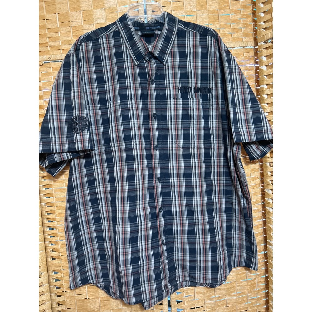 Harley-Davidson Mens Plaid Short Sleeve Button Down Shirt Black Orange 3XL